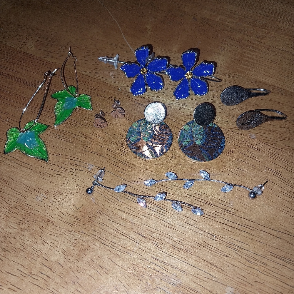 6 Assorted Women's Earrings - Blue Flower, Green Leaf & Silver Styles